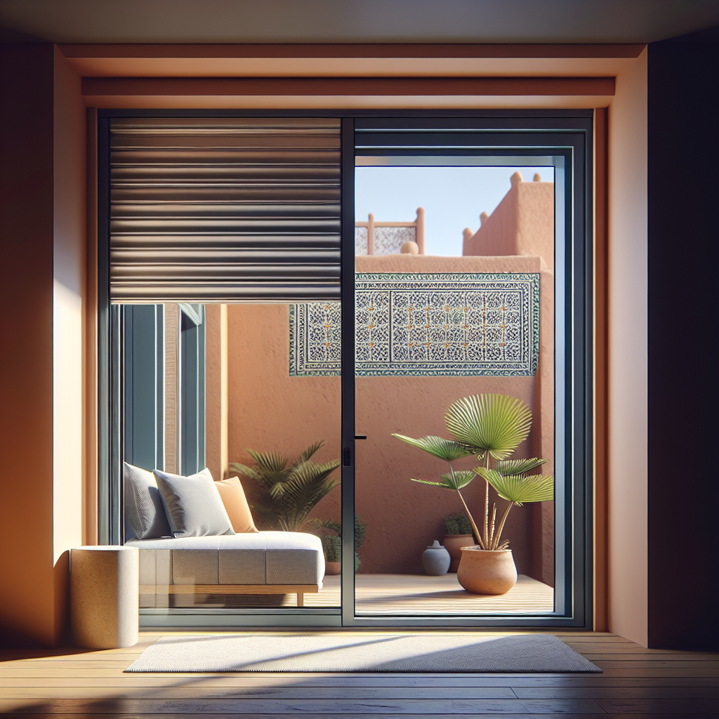 Fenêtre PVC double vitrage avec store intégré, baie vitrée moderne ouvrant sur terrasse au Maroc.