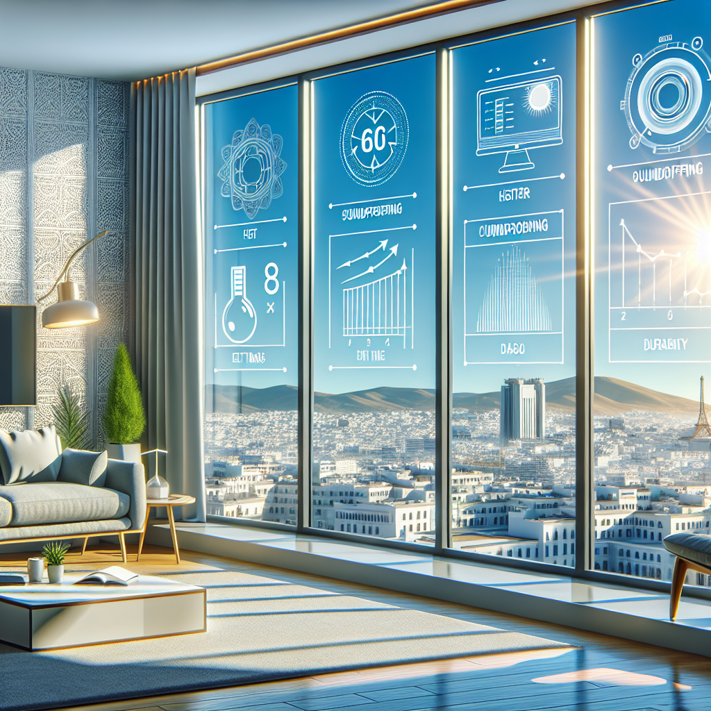 Modern office with large PVC windows showing futuristic data analytics, symbolizing advanced insulation performance in Tanger