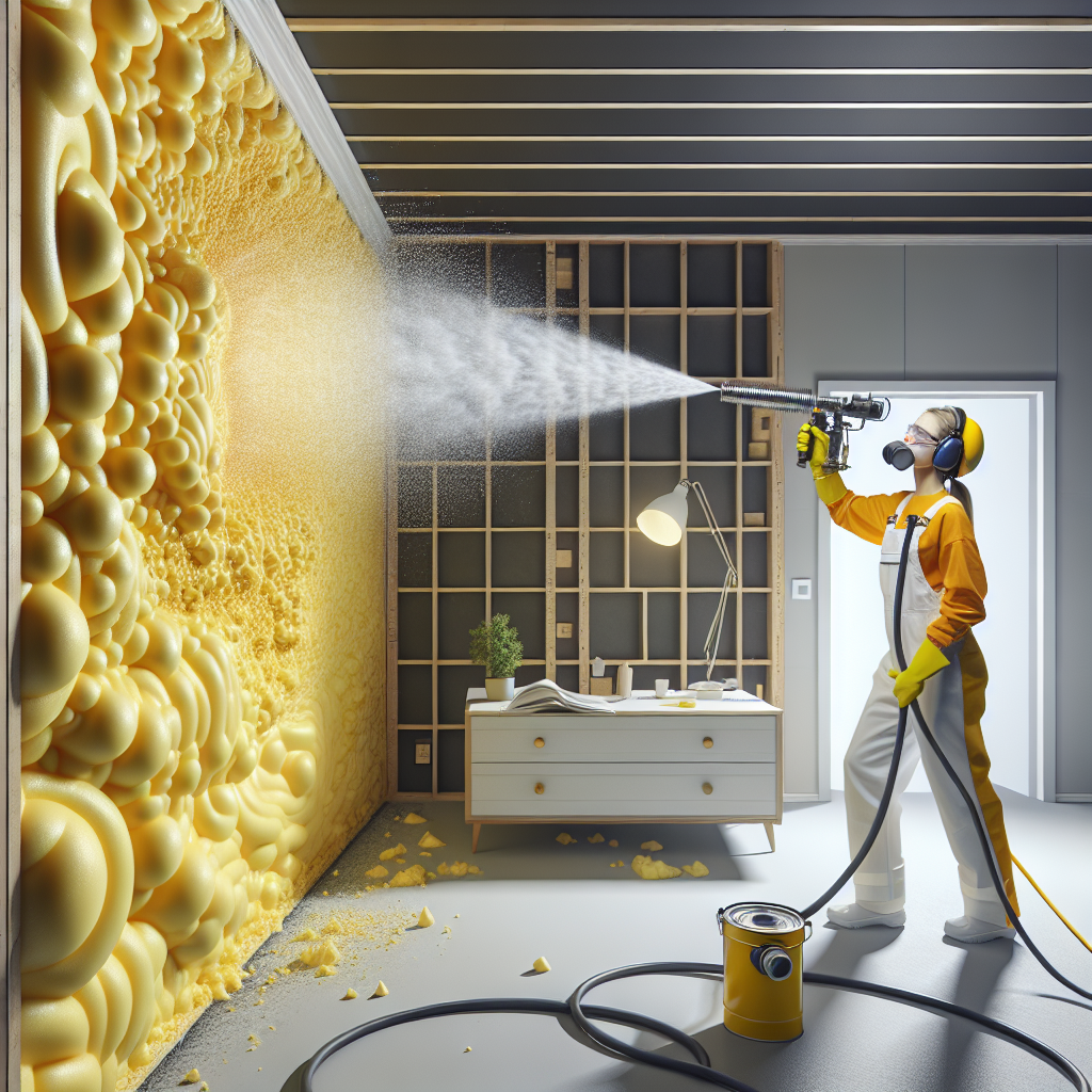 Professional applying spray polyurethane foam insulation on wall for thermal and acoustic isolation in Nador.