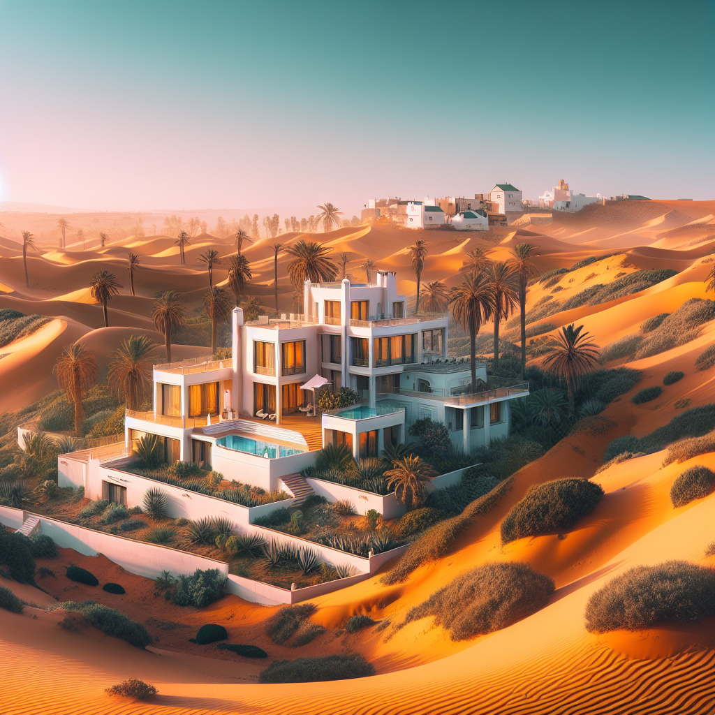 Modern villa in Tanger surrounded by desert and palm trees at sunset, highlighting polyurethane foam insulation benefits.
