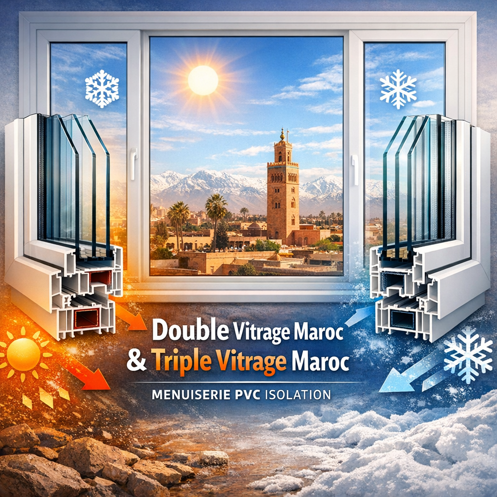 PVC window frames showcasing double and triple glazing options for improved thermal insulation in Morocco.