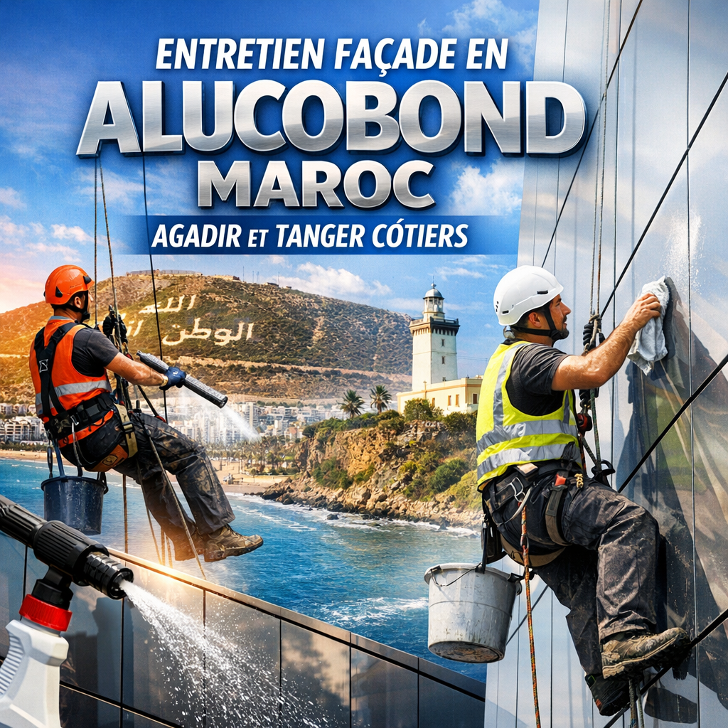 Modern Alucobond building facade under maintenance in coastal Moroccan cities Agadir and Tangier.