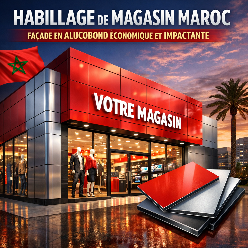 Façade moderne de magasin au Maroc avec habillage en Alucobond économique et design impactant.