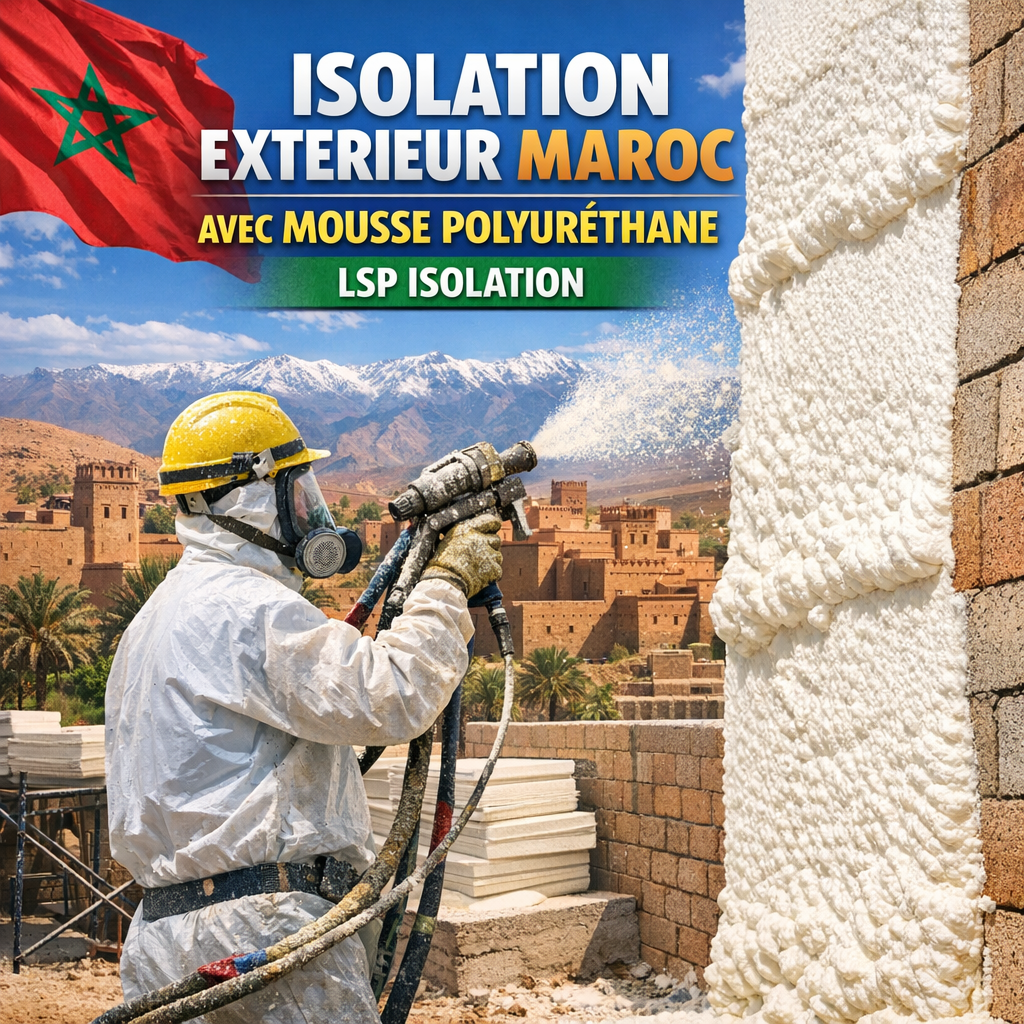 Workers applying polyurethane foam insulation on a building exterior in Morocco by LSP Isolation.