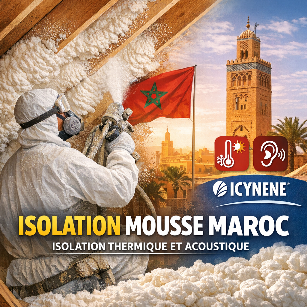 Spray foam insulation applied on building surface with Moroccan flag and mosque silhouette in background.