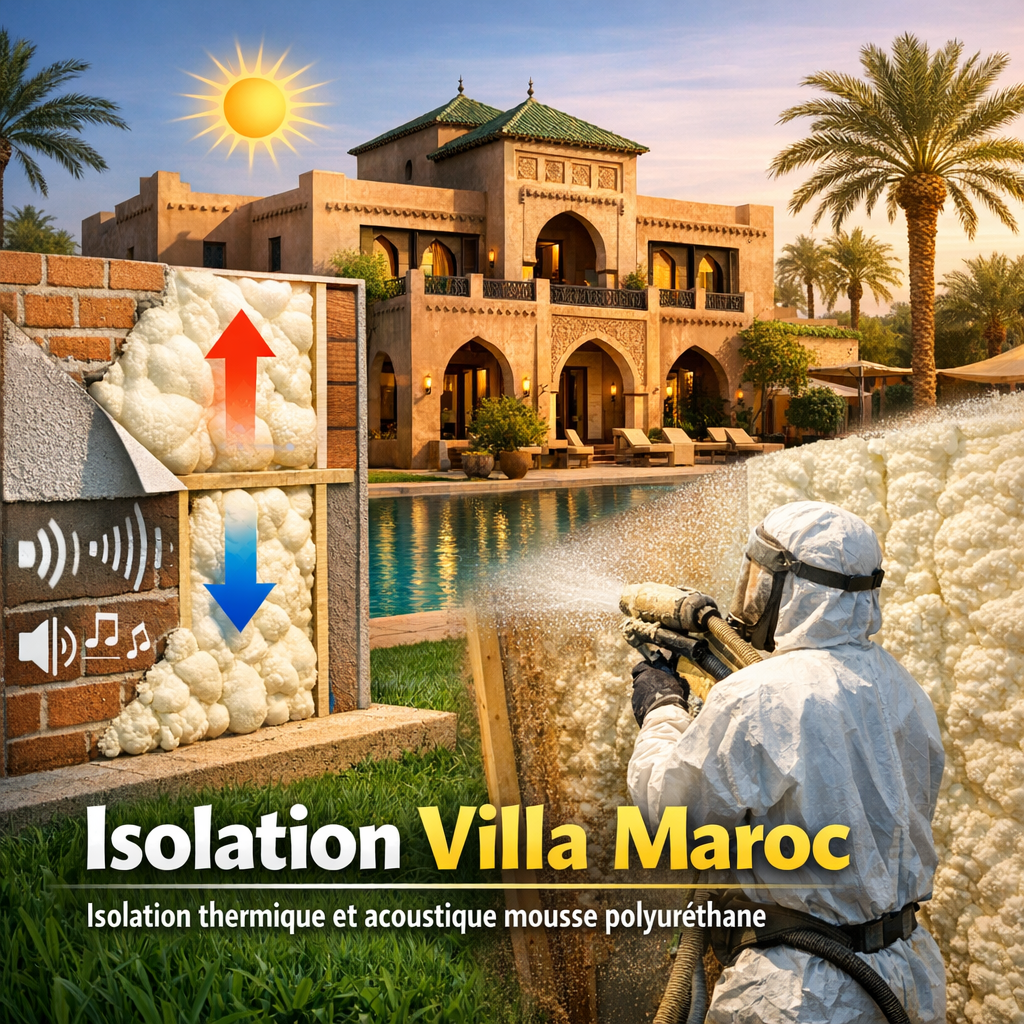 Cross-section of a Moroccan villa wall insulated with white polyurethane foam for thermal and acoustic protection.