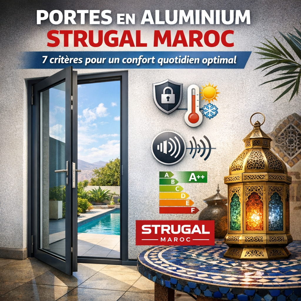 Modern aluminum door by Strugal Maroc showcasing sleek design and robust build for comfort and energy efficiency in Moroccan