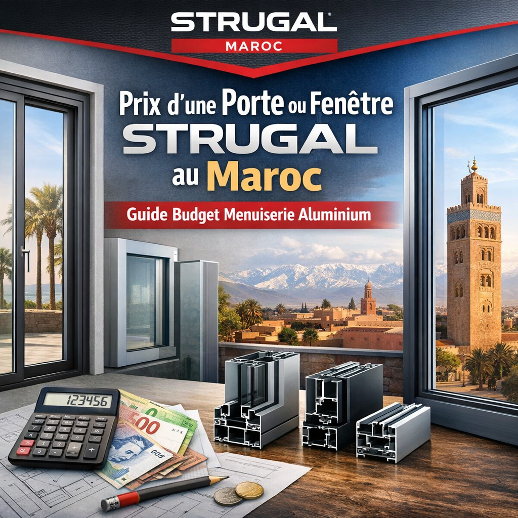 Infographic showing budget guide for Strugal aluminum doors and windows prices in Morocco.